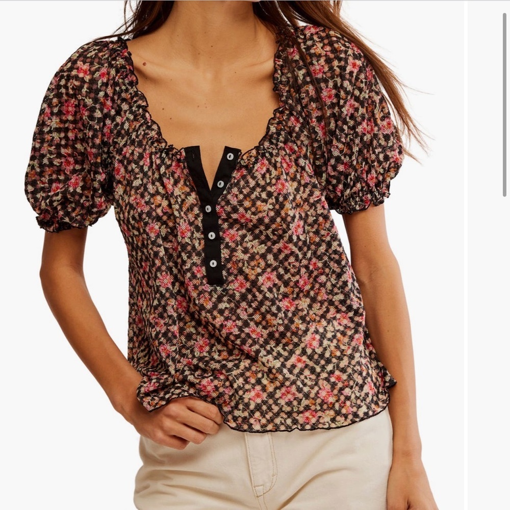 Free People Astra Floral Garden Inspired Printed Top Small Short Puff Sleeves